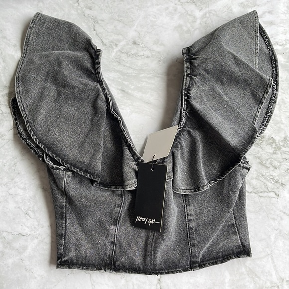 NASTY GAL | Collar Detail Denim Crop Top in Washed Black - Picture 6 of 10